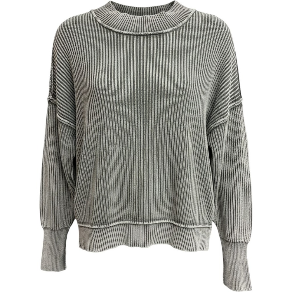 Zenana Ribbed Knit Sweater S/M Sage Green Mineral Wash Cotton